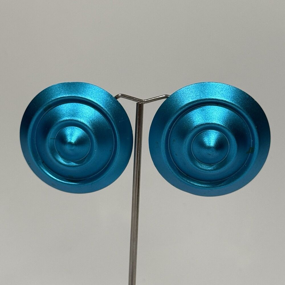 Vintage Large Blue Disc Earrings Statement Round Retro Clip On Bold Mod - Picture 8 of 11